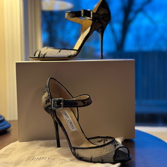 Jimmy Choo Patent Black Lace Articolo Peep-toe Size 38.5 (Women's 8) - Picture 2 of 8